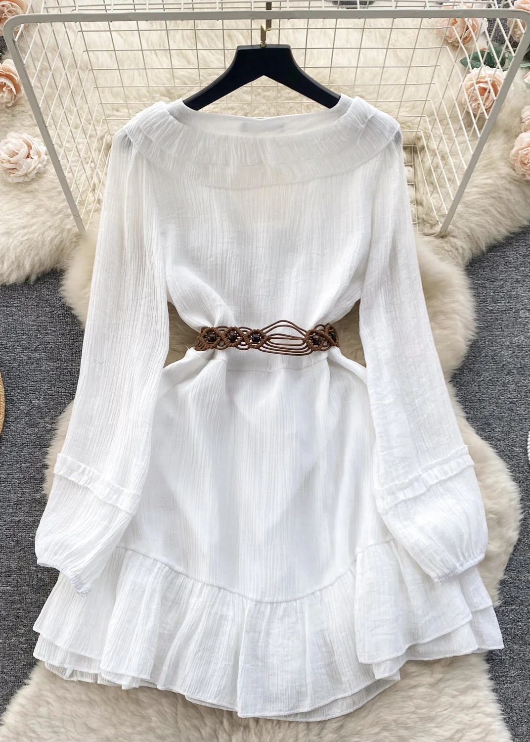 Elegant White Ruffled Lace Up Cotton Mid Dress Long Sleeve - Image 5