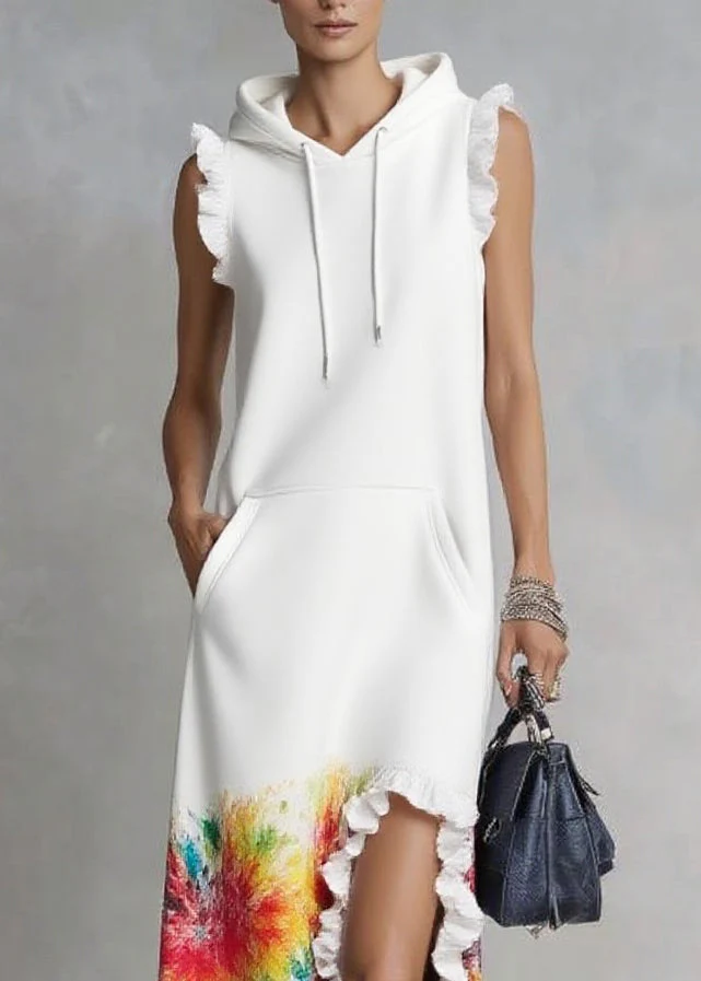 Elegant White Ruffled Print Drawstring Vacation Hooded Dresses Summer - Image 2