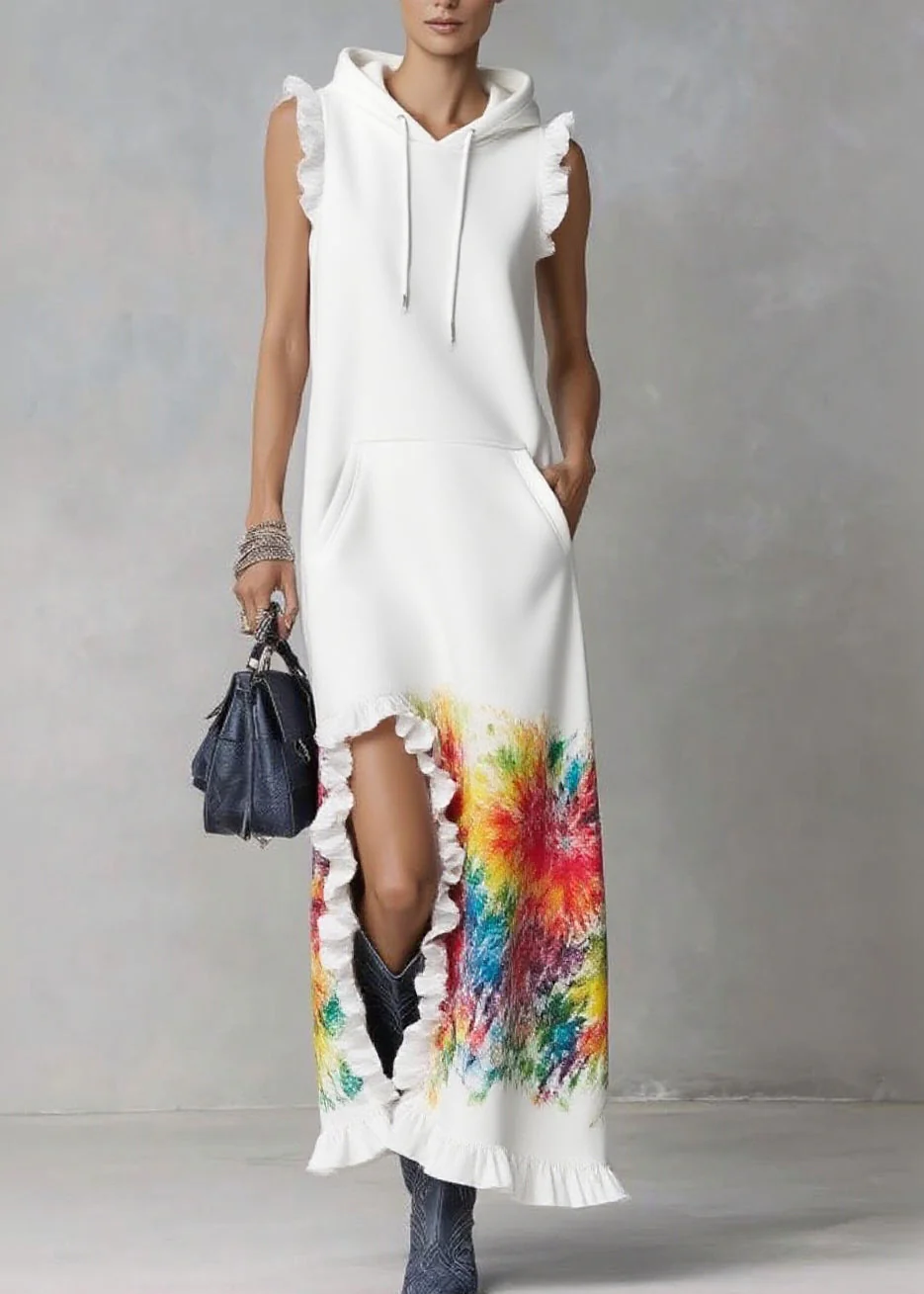 Elegant White Ruffled Print Drawstring Vacation Hooded Dresses Summer - Image 3