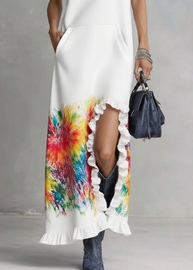 Elegant White Ruffled Print Drawstring Vacation Hooded Dresses Summer - Image 4