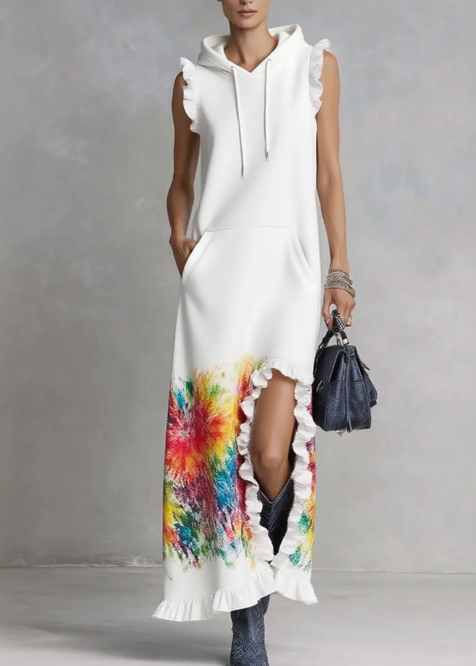 Elegant White Ruffled Print Drawstring Vacation Hooded Dresses Summer - Image 5
