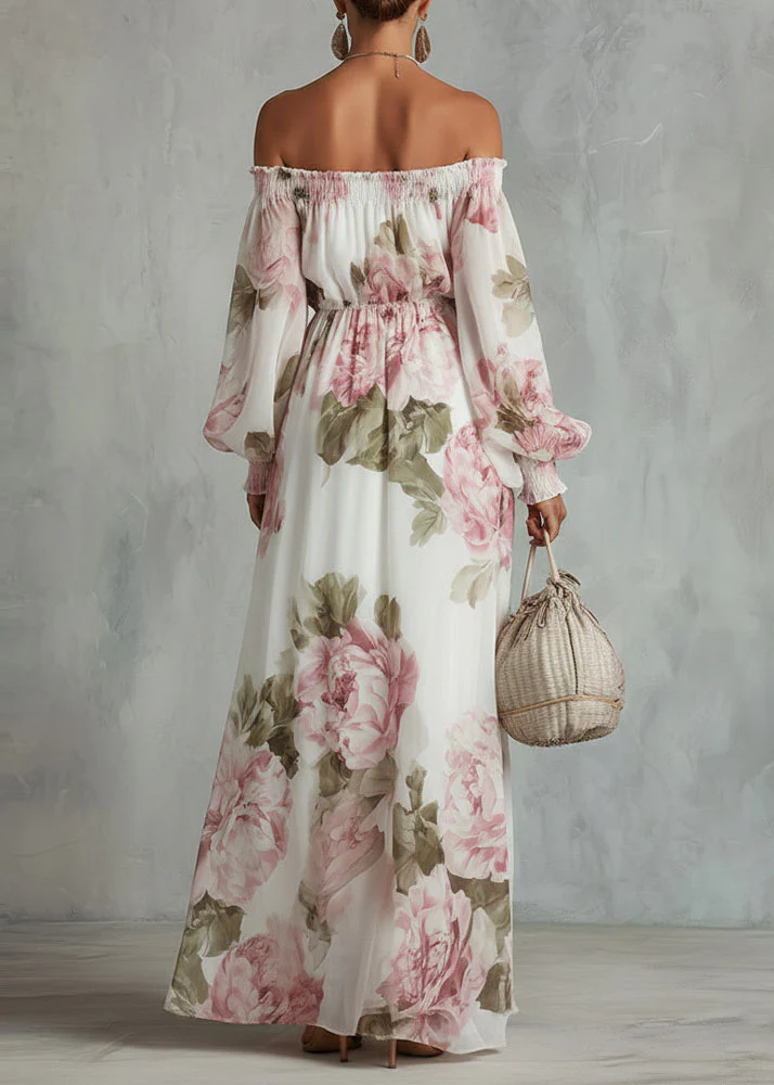 Elegant White Slash Neck Print Chiffon Maxi Dress Lantern Sleeve - Image 2