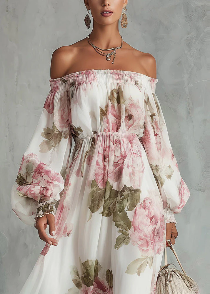 Elegant White Slash Neck Print Chiffon Maxi Dress Lantern Sleeve - Image 3