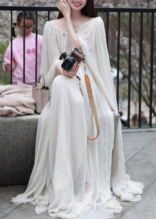Elegant White Slash Neck Wrinkled Cotton Maxi Dress Sleeveless - Image 2
