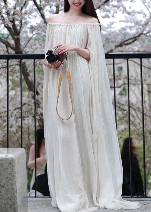 Elegant White Slash Neck Wrinkled Cotton Maxi Dress Sleeveless - Image 3