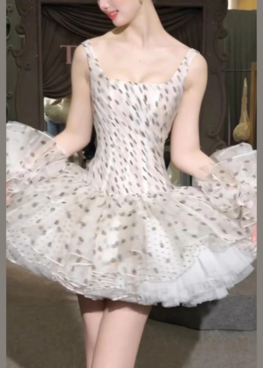 Elegant White Square Collar Dot Chiffon Mini Dresses Sleeveless - Image 3