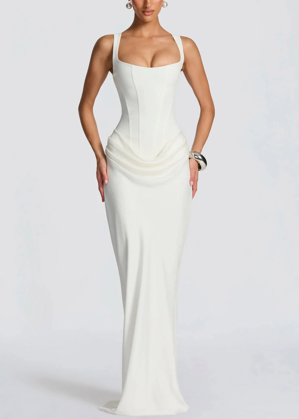 Elegant White Square Collar Flattering Maxi Spaghetti Strap Dress Sleeveless - Image 3