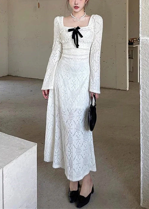 Elegant White Square Collar Hollow Out Cotton Long Dresses Spring - Image 2