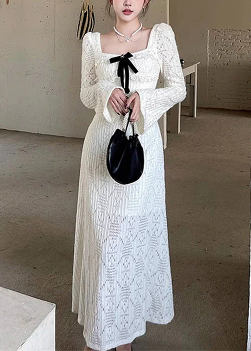 Elegant White Square Collar Hollow Out Cotton Long Dresses Spring - Image 3