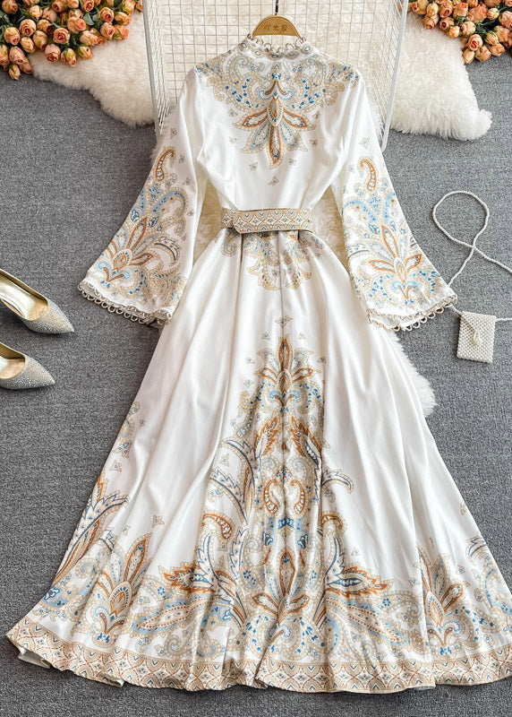 Elegant White Stand Collar Print Wrinkled Long Dresses Puff Sleeve - Image 2