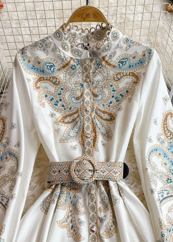 Elegant White Stand Collar Print Wrinkled Long Dresses Puff Sleeve - Image 3