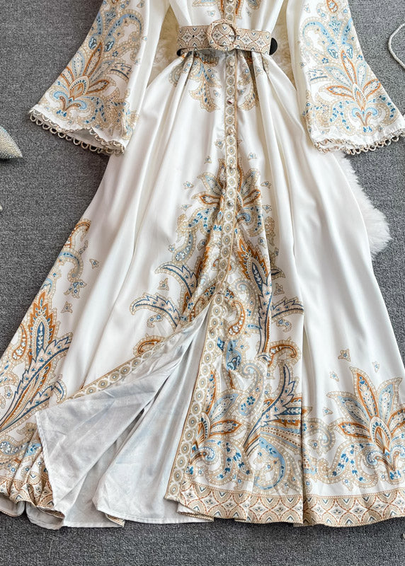 Elegant White Stand Collar Print Wrinkled Long Dresses Puff Sleeve - Image 4