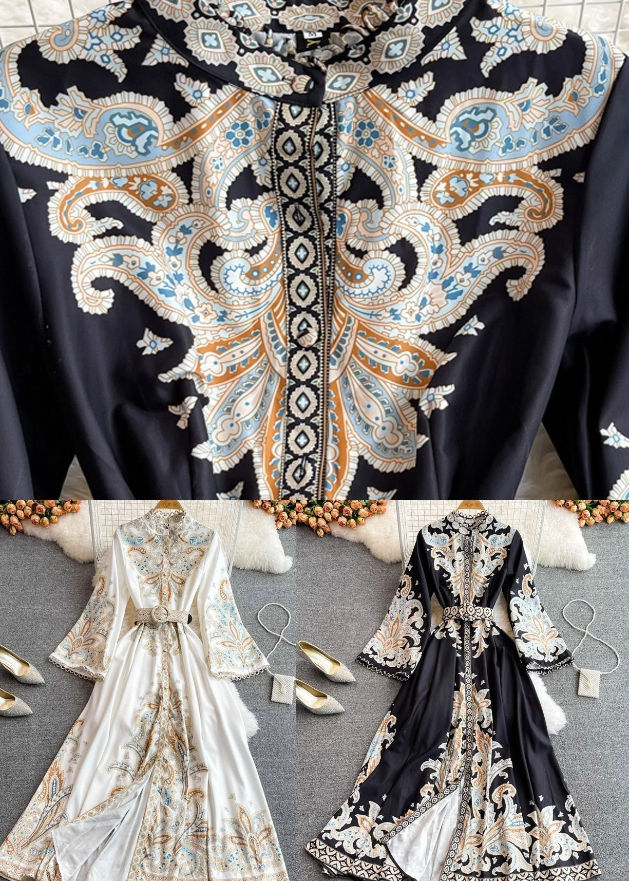 Elegant White Stand Collar Print Wrinkled Long Dresses Puff Sleeve - Image 5