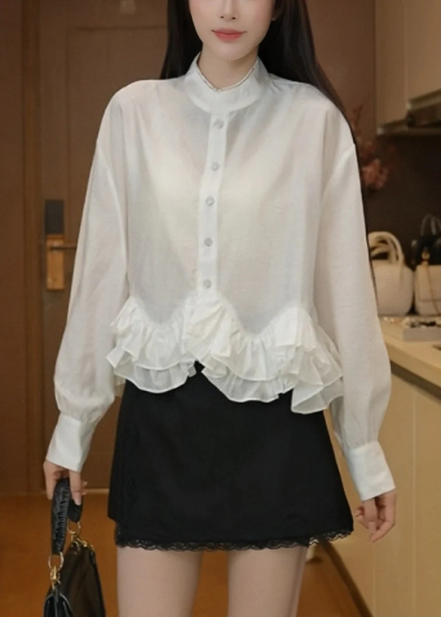 Elegant White Stand Collar Ruffled Cotton Blouses Fall - Image 2