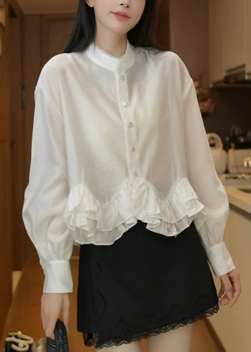 Elegant White Stand Collar Ruffled Cotton Blouses Fall - Image 4