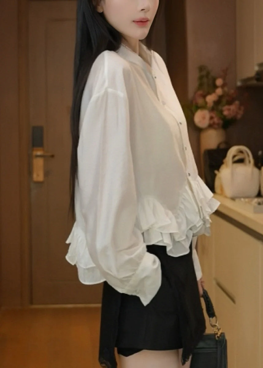 Elegant White Stand Collar Ruffled Cotton Blouses Fall - Image 5
