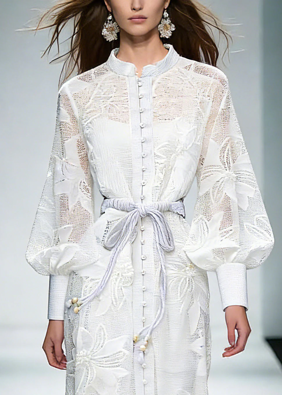 Elegant White Stand Collar Tie Waist Maxi Shirts Dresses Lantern Sleeve - Image 2