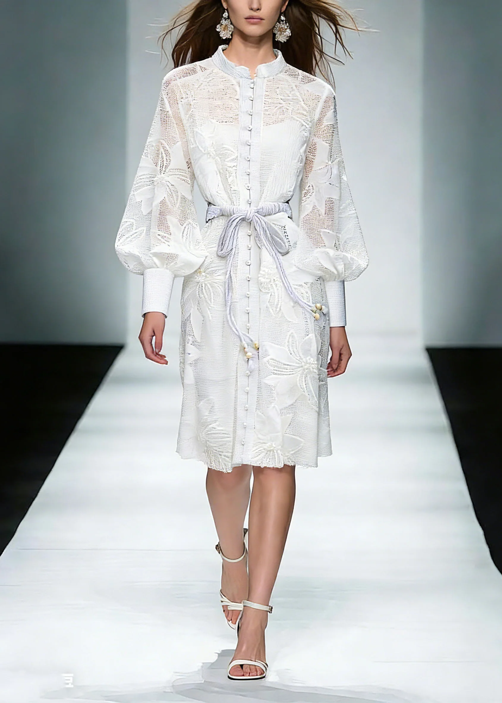 Elegant White Stand Collar Tie Waist Maxi Shirts Dresses Lantern Sleeve - Image 3