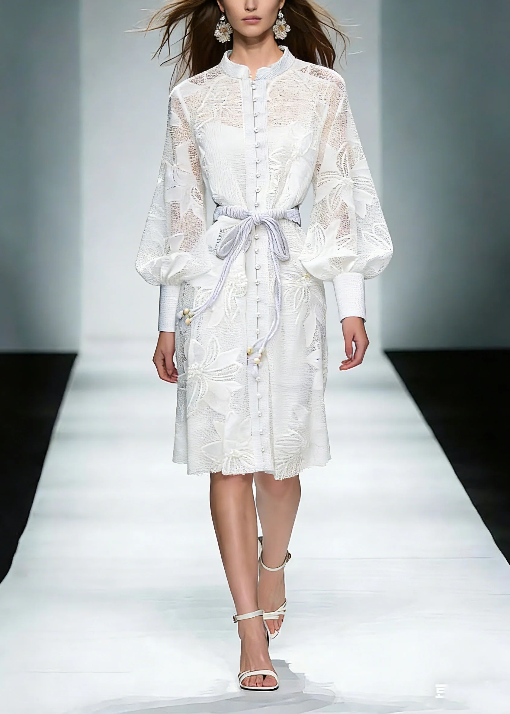 Elegant White Stand Collar Tie Waist Maxi Shirts Dresses Lantern Sleeve - Image 5