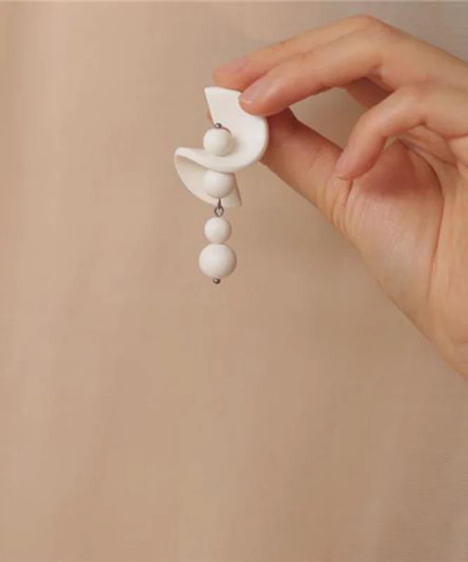 Elegant White Stelring Silver Beading Tassel Drop Earrings - Image 3