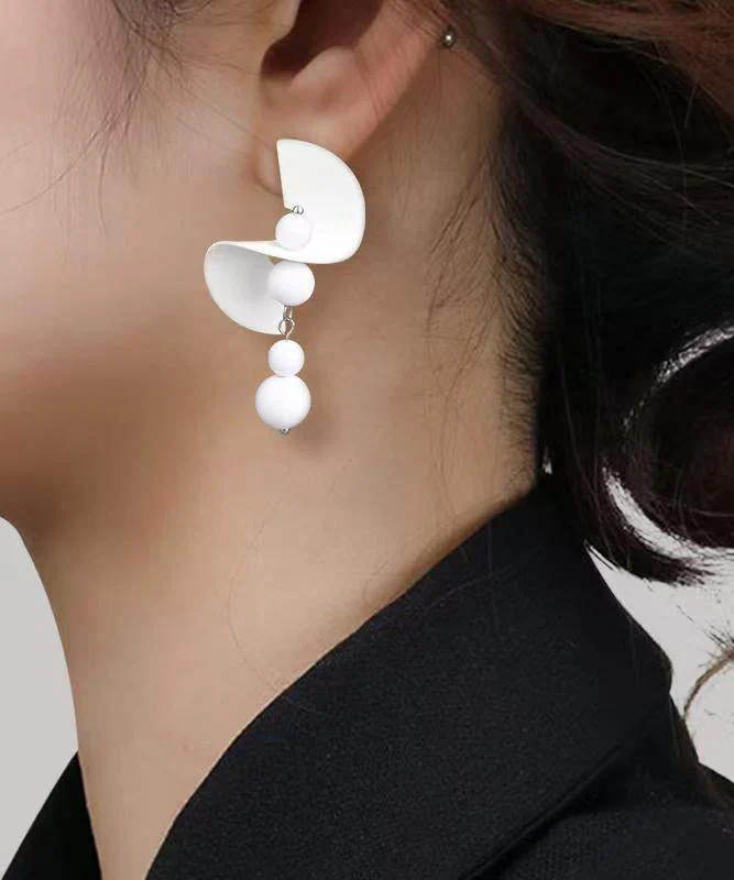 Elegant White Stelring Silver Beading Tassel Drop Earrings - Image 5