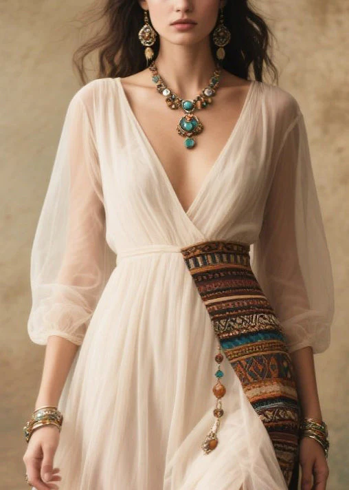 Elegant White Tasseled Patchwork Tulle Dresses Summer - Image 2