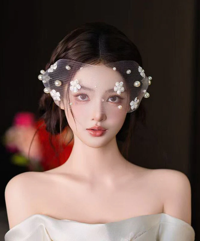 Elegant White Tulle Pearl Floral HairPiece - Image 2