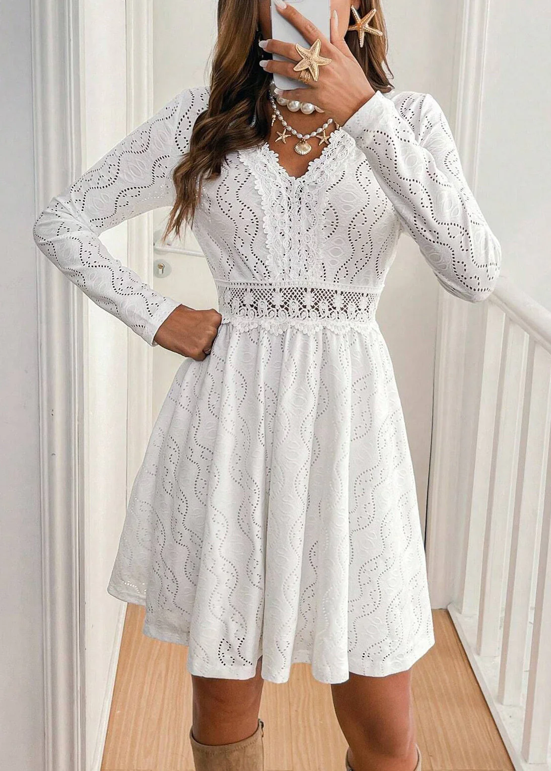 Elegant White V Neck Hollow Out Lace Dress Spring - Image 2