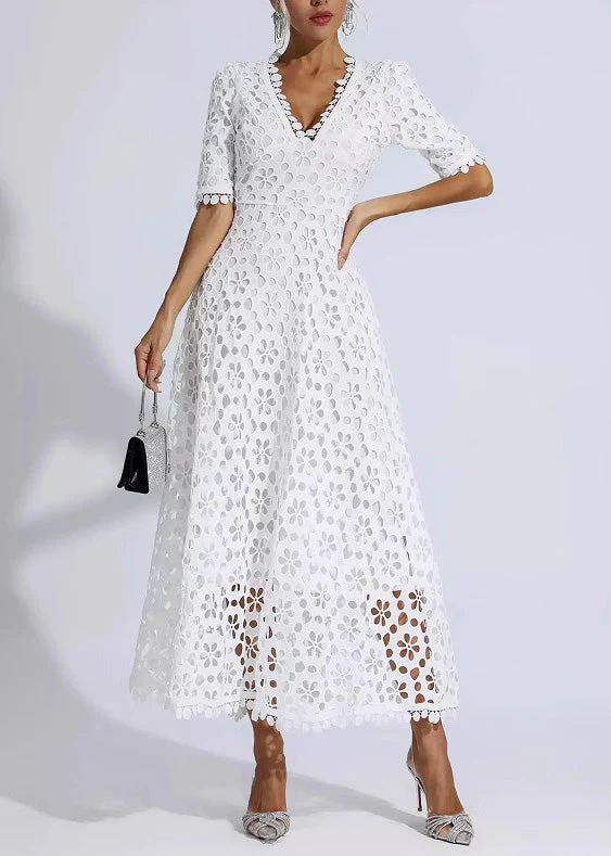 Elegant White V Neck Hollow Out Lace Dress Summer - Image 3