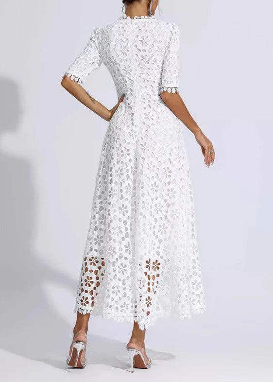 Elegant White V Neck Hollow Out Lace Dress Summer - Image 4