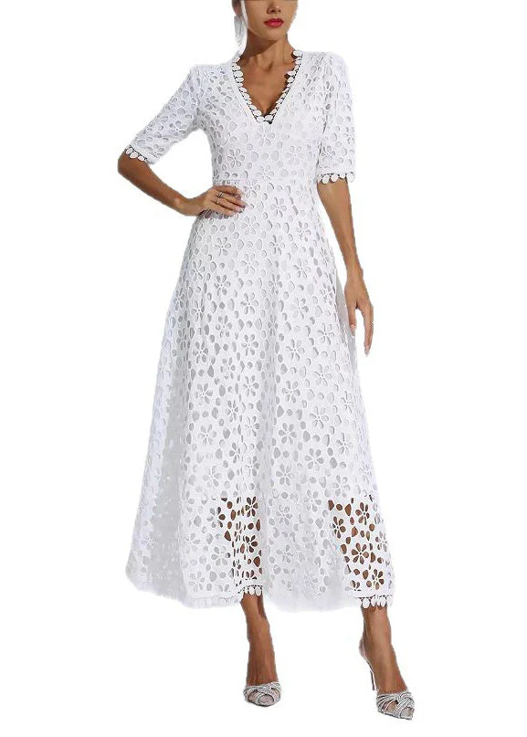Elegant White V Neck Hollow Out Lace Dress Summer - Image 5