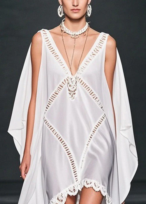 Elegant White V Neck Hollow Out Low High Design Chiffon Dresses Summer - Image 2