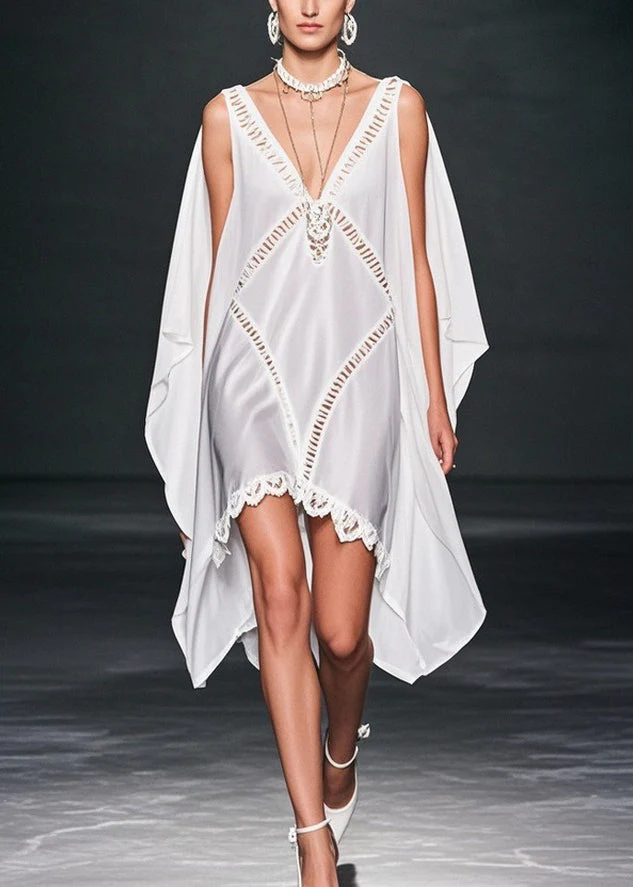 Elegant White V Neck Hollow Out Low High Design Chiffon Dresses Summer - Image 3
