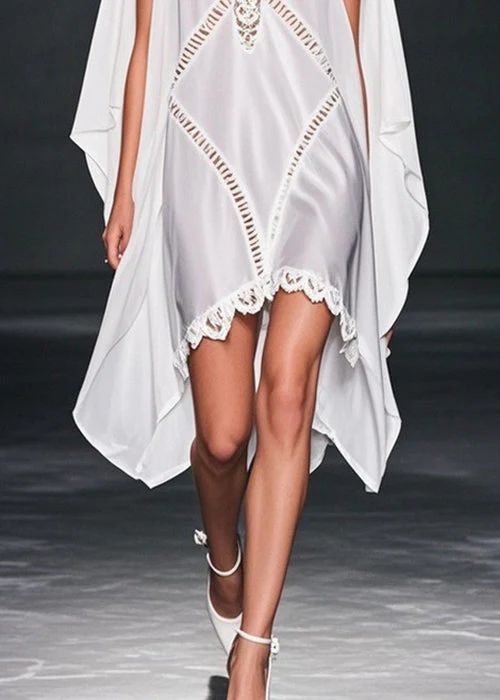 Elegant White V Neck Hollow Out Low High Design Chiffon Dresses Summer - Image 4
