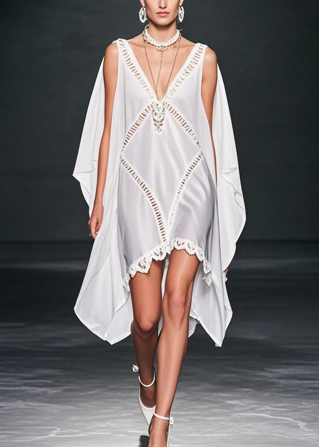 Elegant White V Neck Hollow Out Low High Design Chiffon Dresses Summer - Image 5