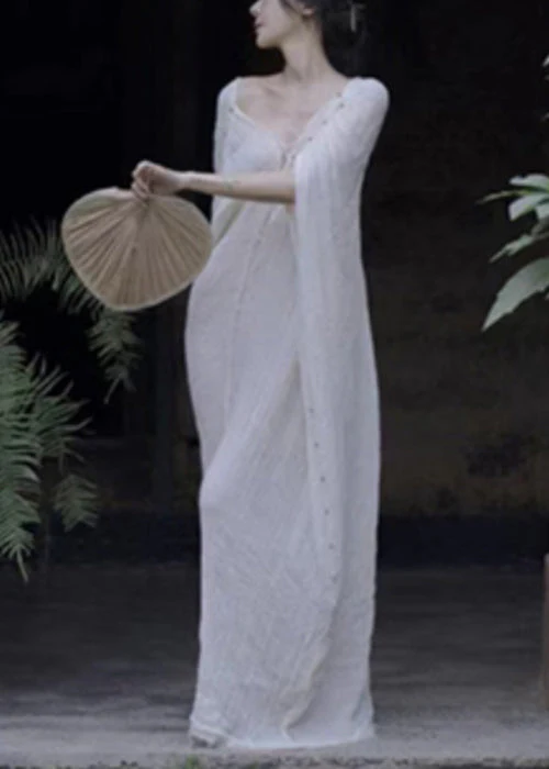 Elegant White V Neck Lace Up Cotton Maxi Dresses Summer - Image 3