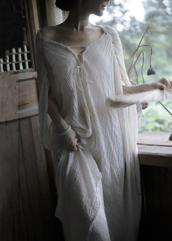 Elegant White V Neck Lace Up Cotton Maxi Dresses Summer - Image 4