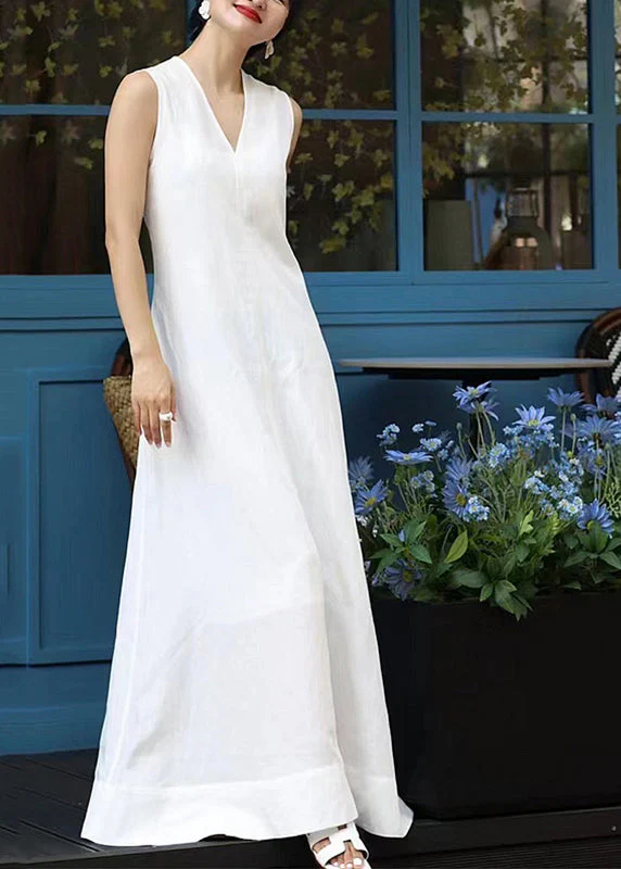 Elegant White V Neck Patchwork Long Dresses Sleeveless - Image 3