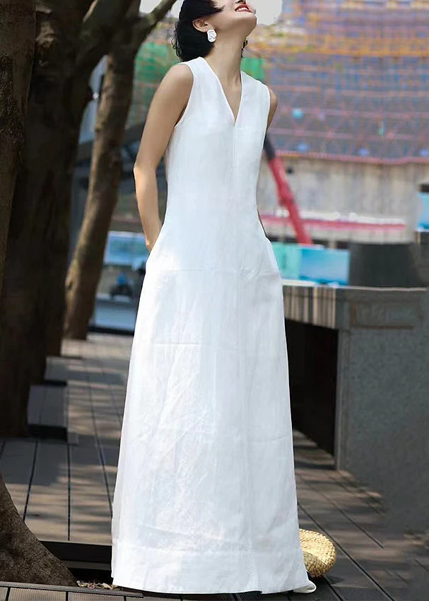 Elegant White V Neck Patchwork Long Dresses Sleeveless - Image 5
