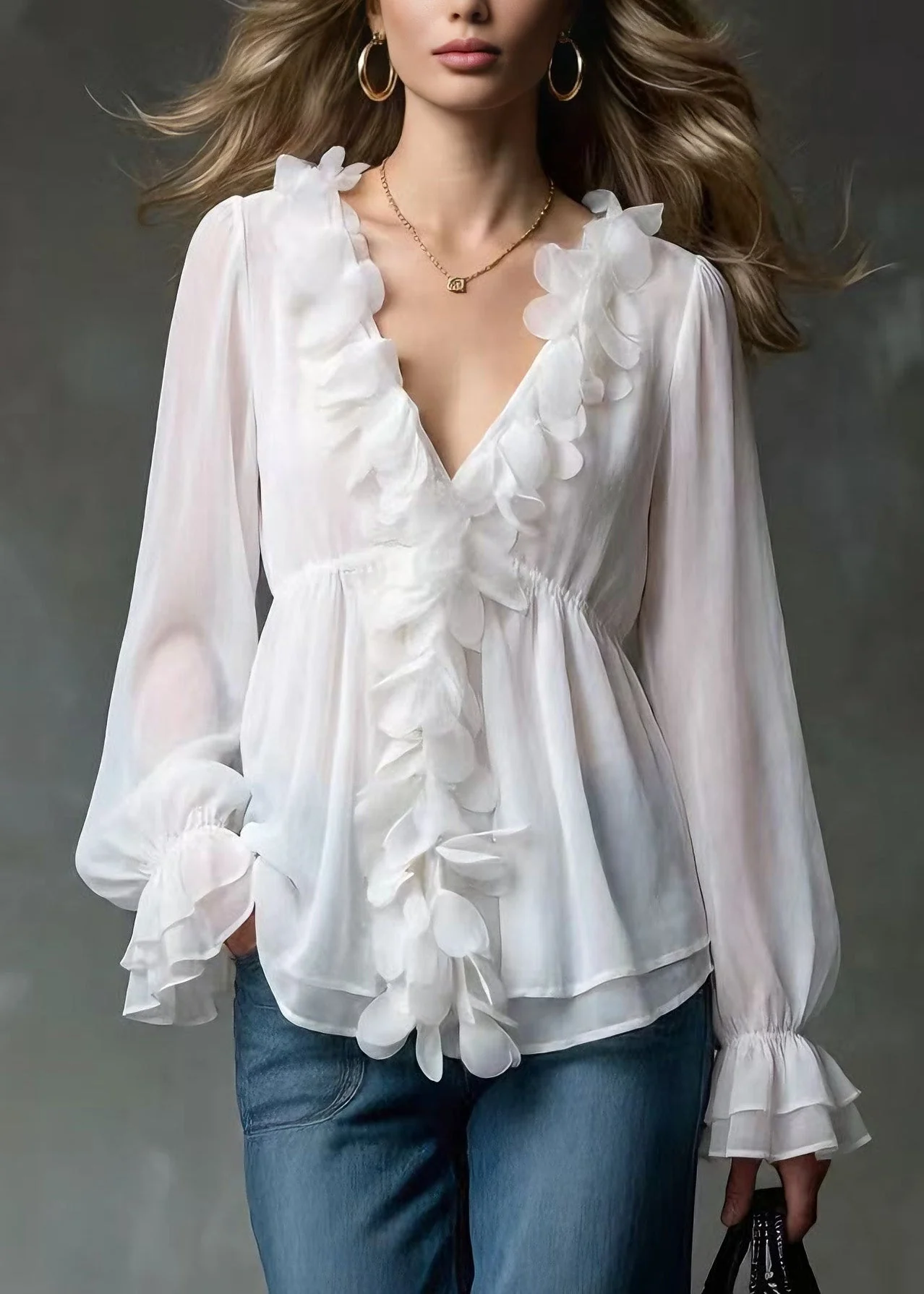 Elegant White V Neck Petal Chiffon Shirts Spring - Image 3