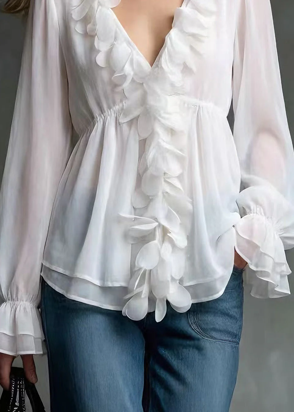 Elegant White V Neck Petal Chiffon Shirts Spring - Image 4