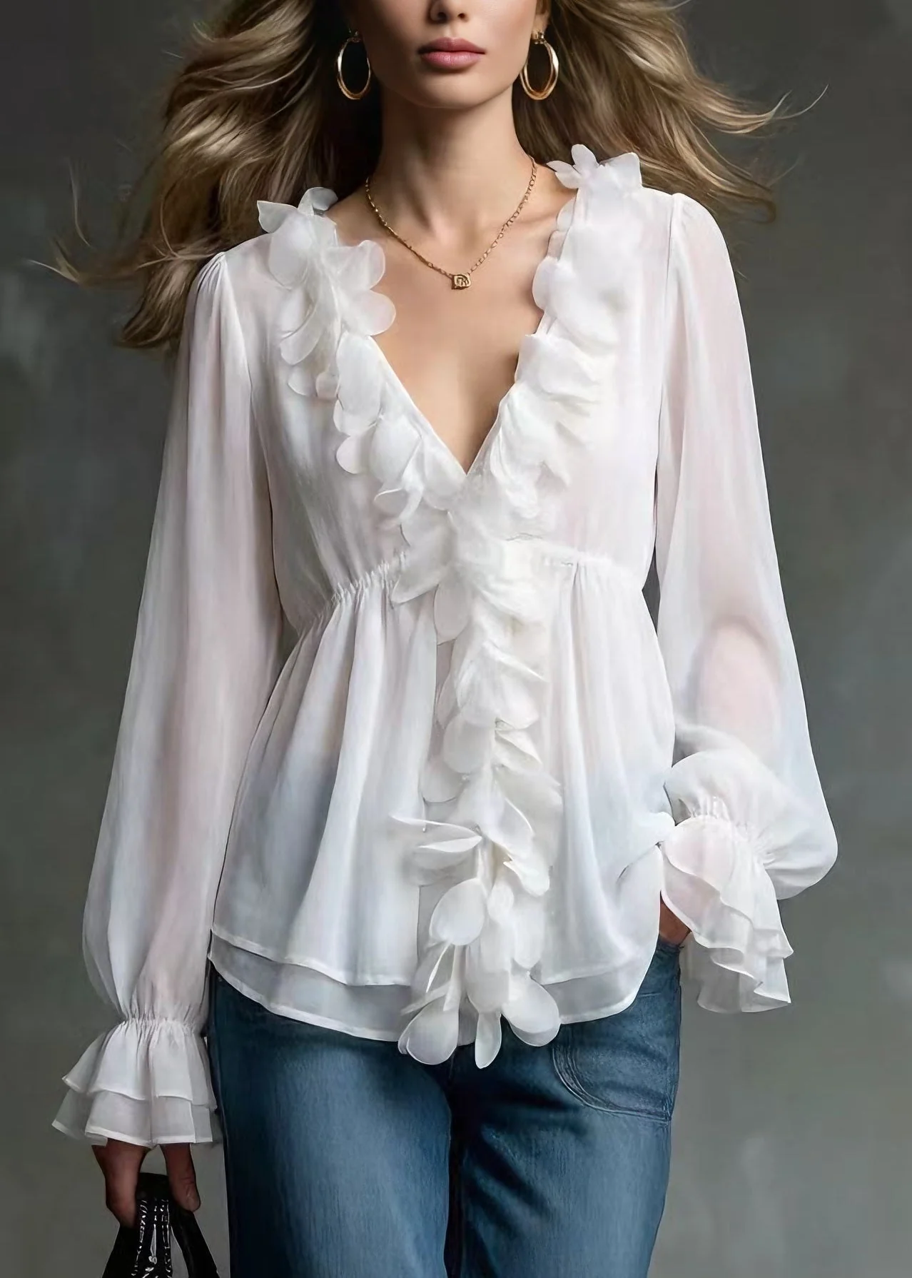 Elegant White V Neck Petal Chiffon Shirts Spring - Image 5