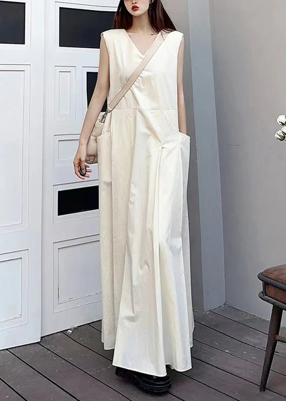 Elegant White V Neck Pockets Patchwork Cotton Maxi Dresses Sleeveless - Image 2