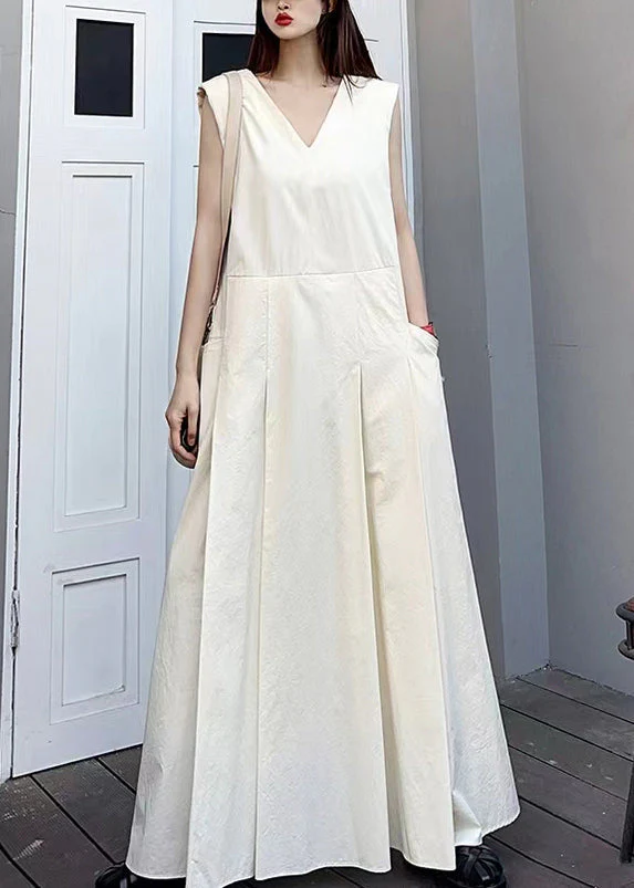 Elegant White V Neck Pockets Patchwork Cotton Maxi Dresses Sleeveless - Image 3