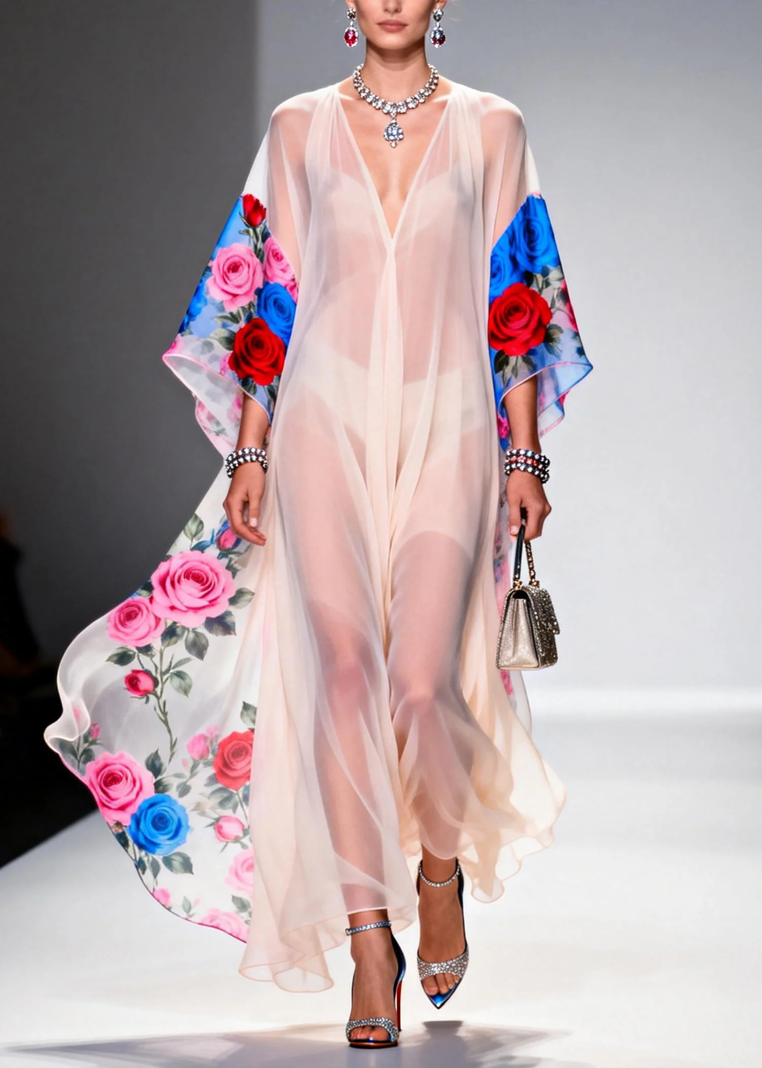 Elegant White V Neck Print Chiffon Beach Dress Summer - Image 3