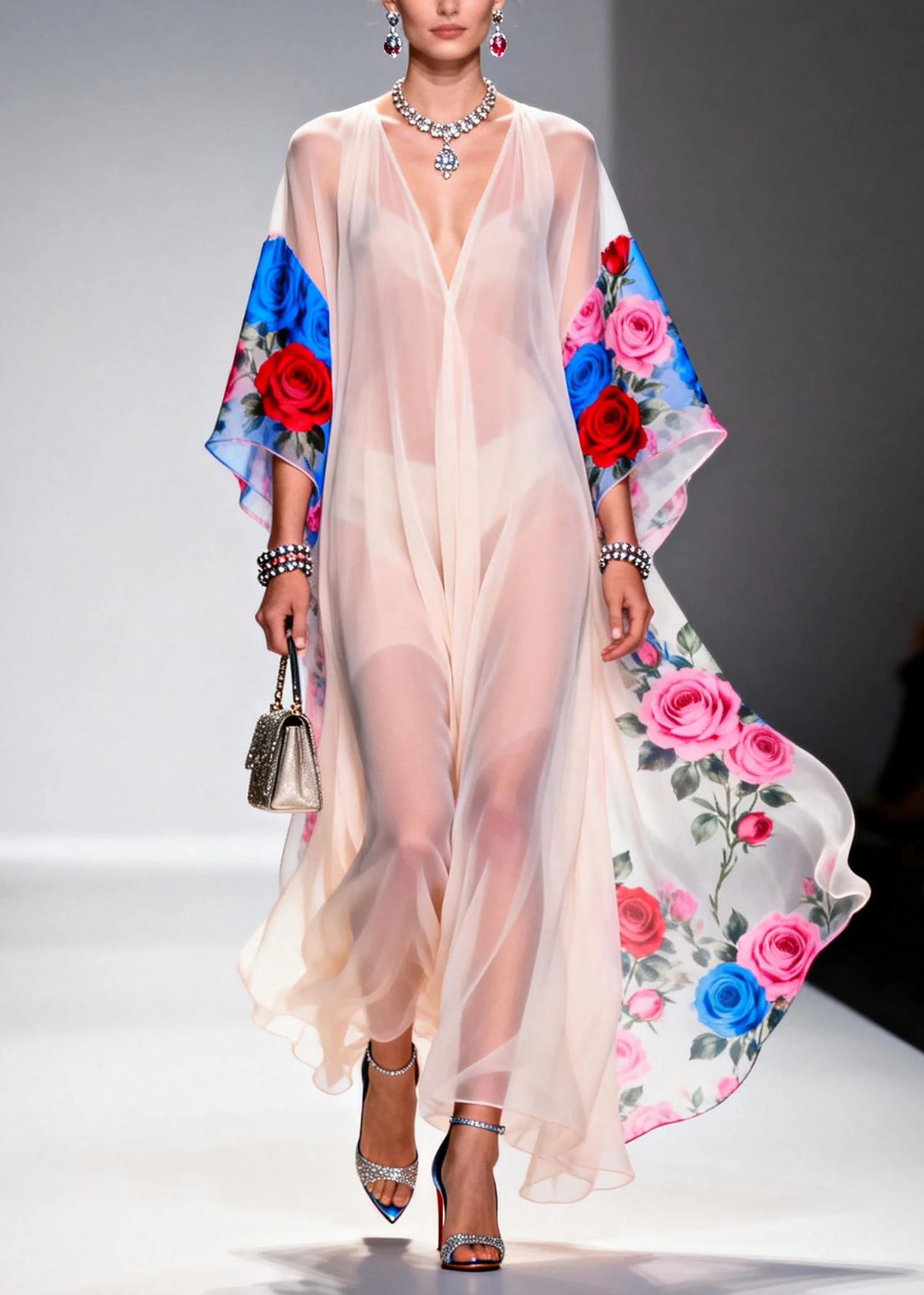 Elegant White V Neck Print Chiffon Beach Dress Summer - Image 5