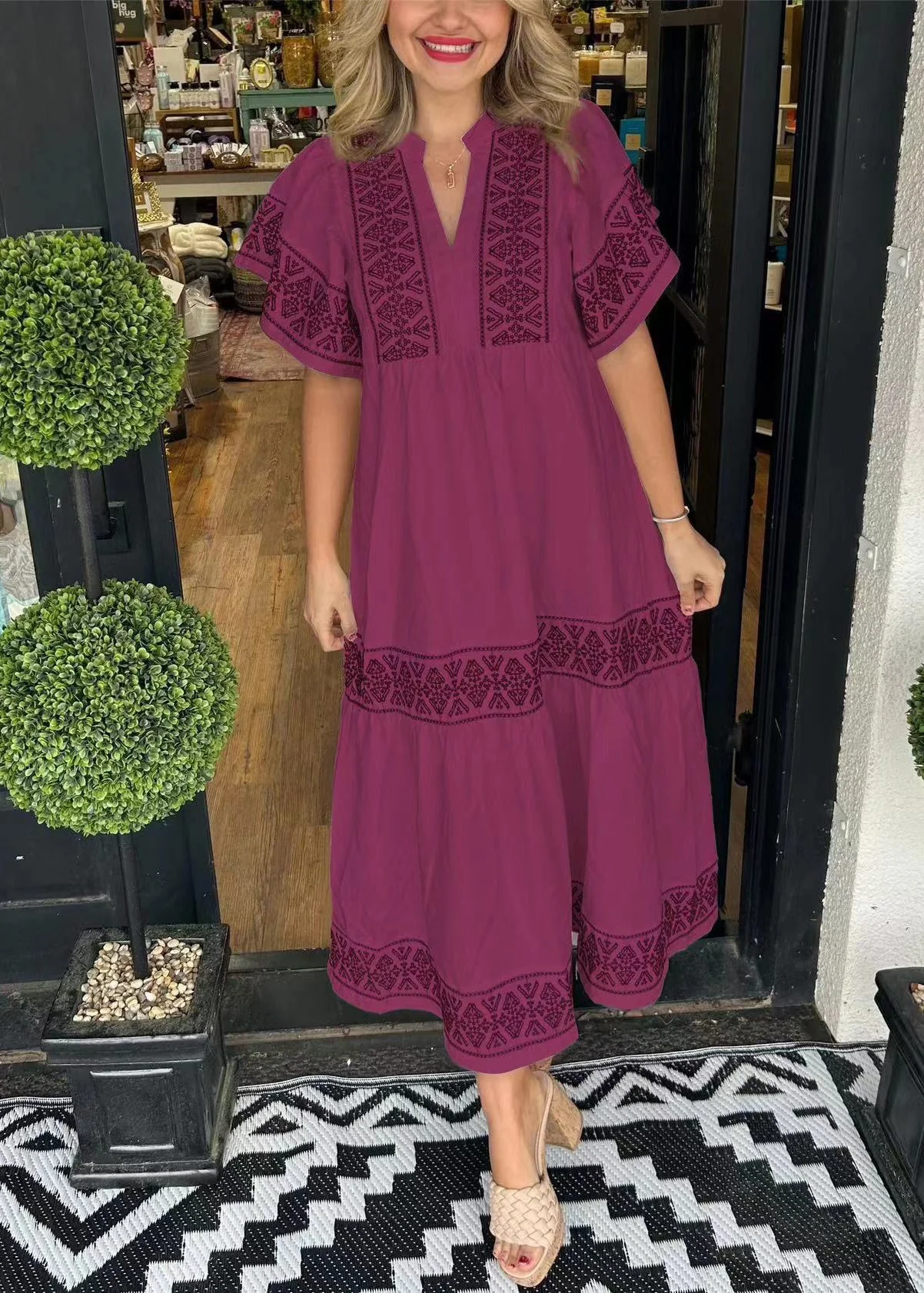 Elegant White V Neck Print Cotton Long Dresses Summer - Image 5