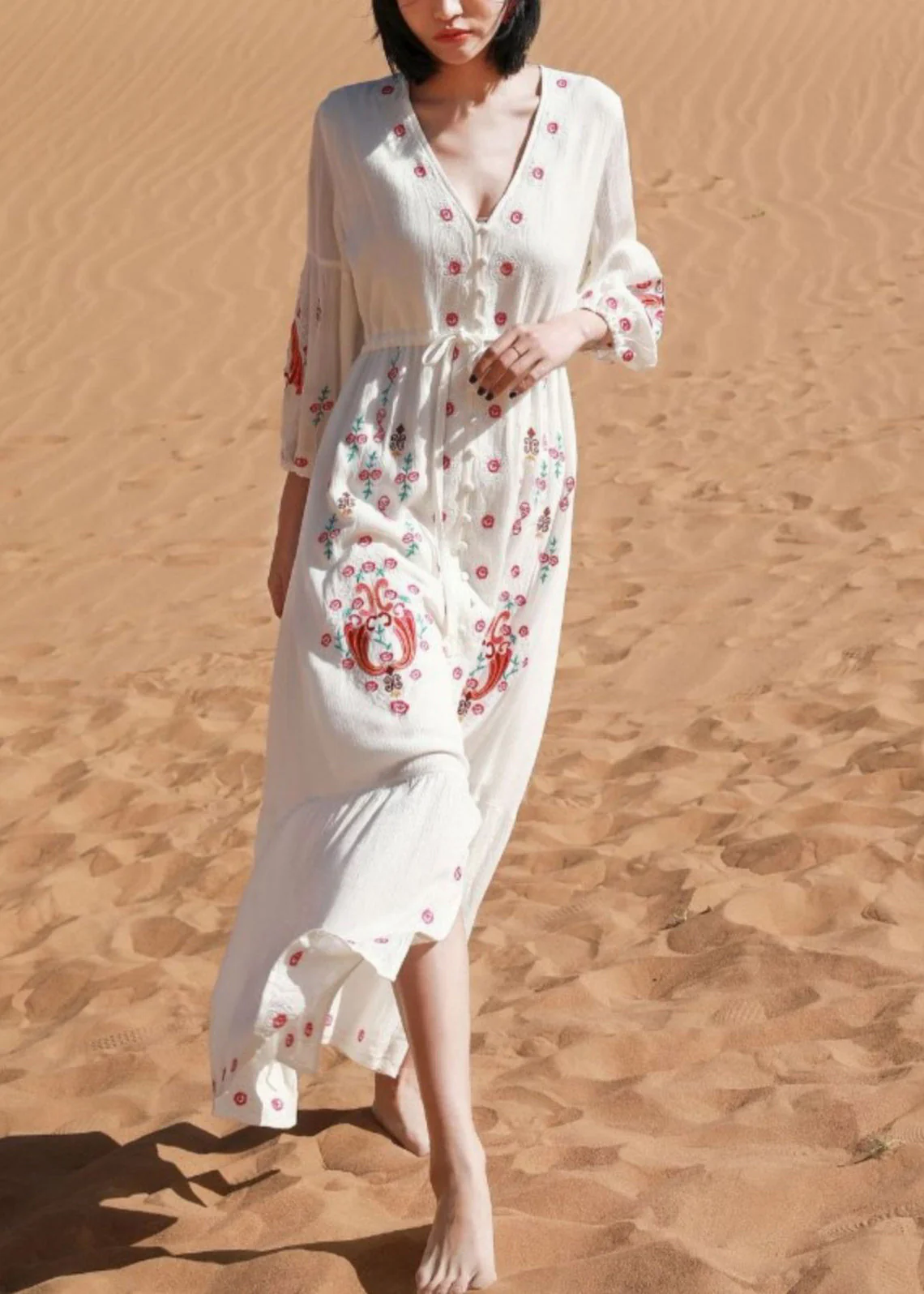 Elegant White V Neck Print Tie Waist Cotton Shirts Dresses Spring - Image 3