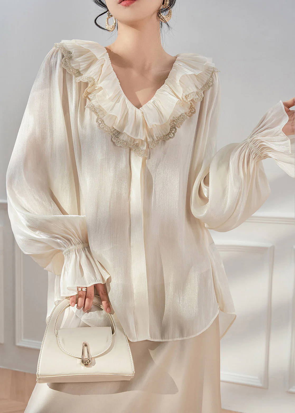 Elegant White V Neck Ruffled Shirts Spring - Image 2