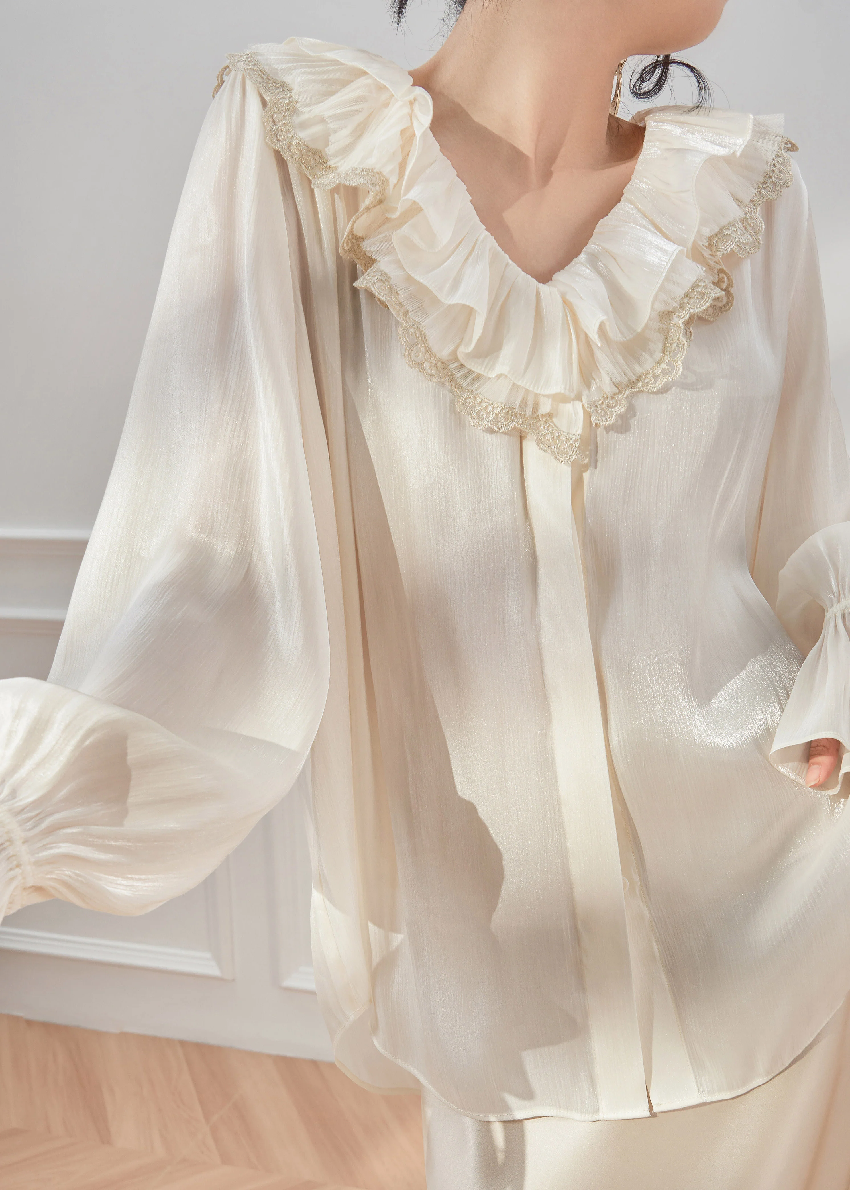 Elegant White V Neck Ruffled Shirts Spring - Image 4